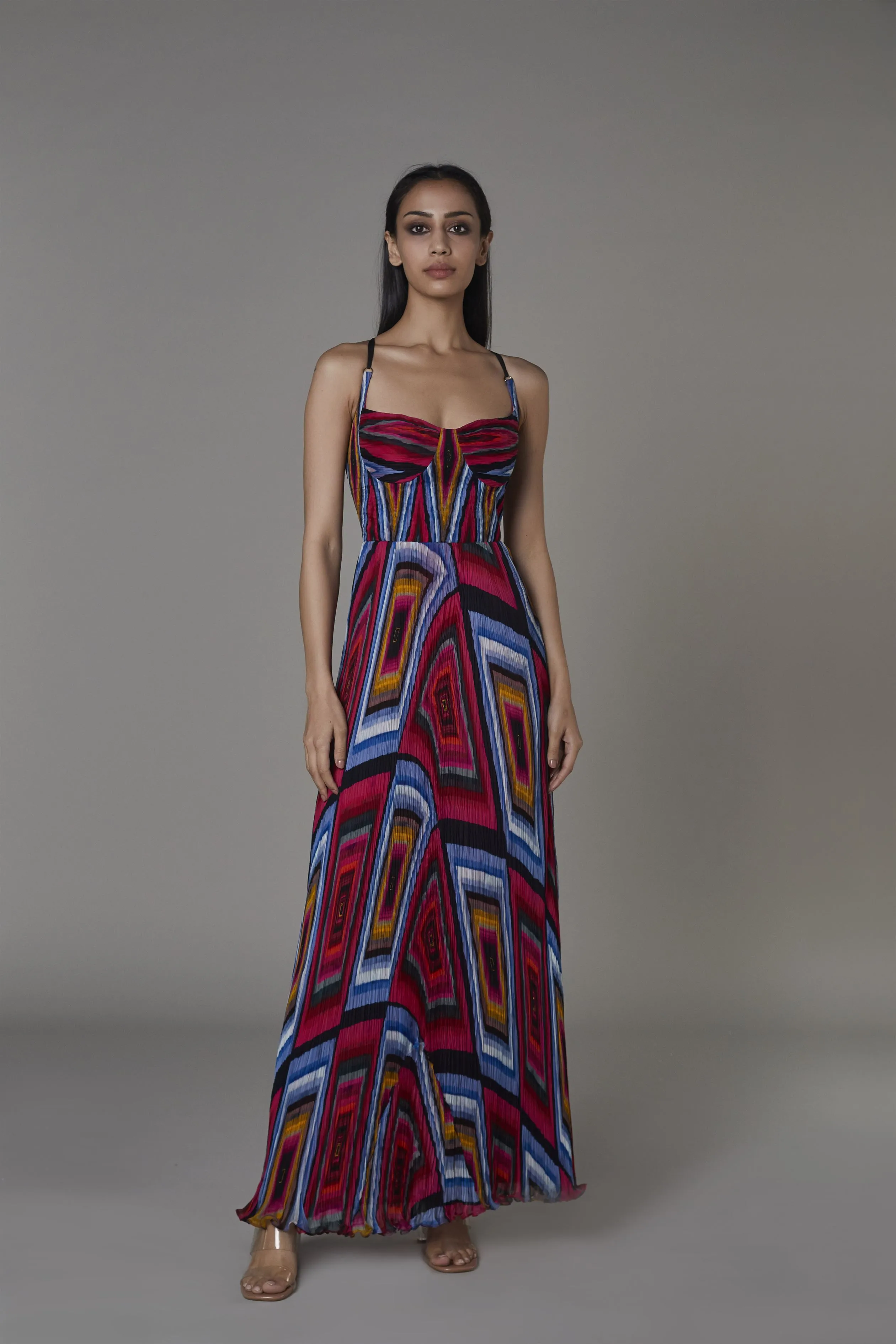 Saaksha & KinniÂ    I   Pink blue big diamond tiered froo froo dress with solid blue bra area Satin Pink / Blue SS22029