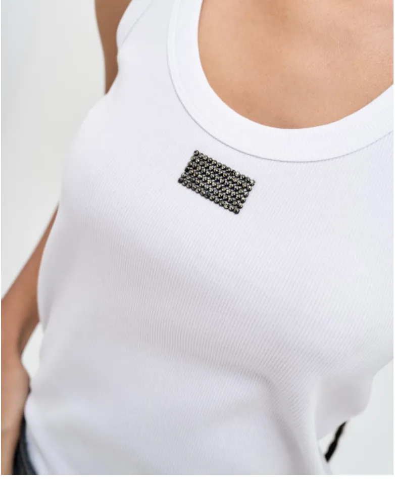 SALE Ribbed Sleeveless Top Rhinestones-White