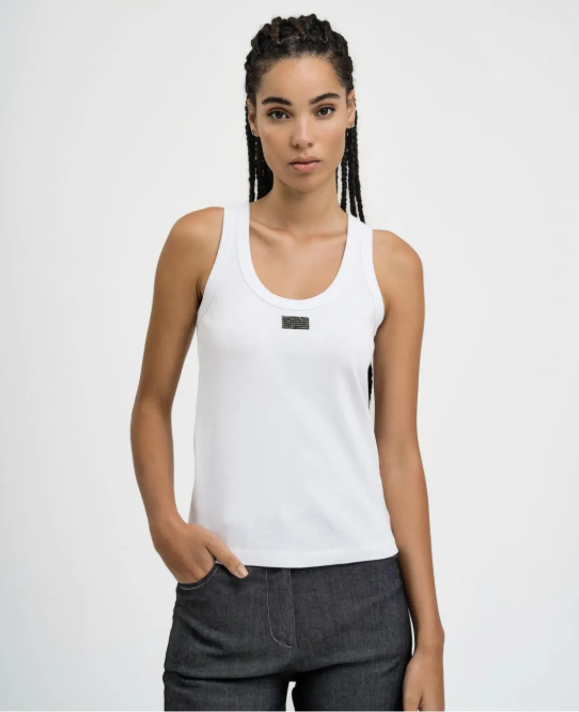 SALE Ribbed Sleeveless Top Rhinestones-White