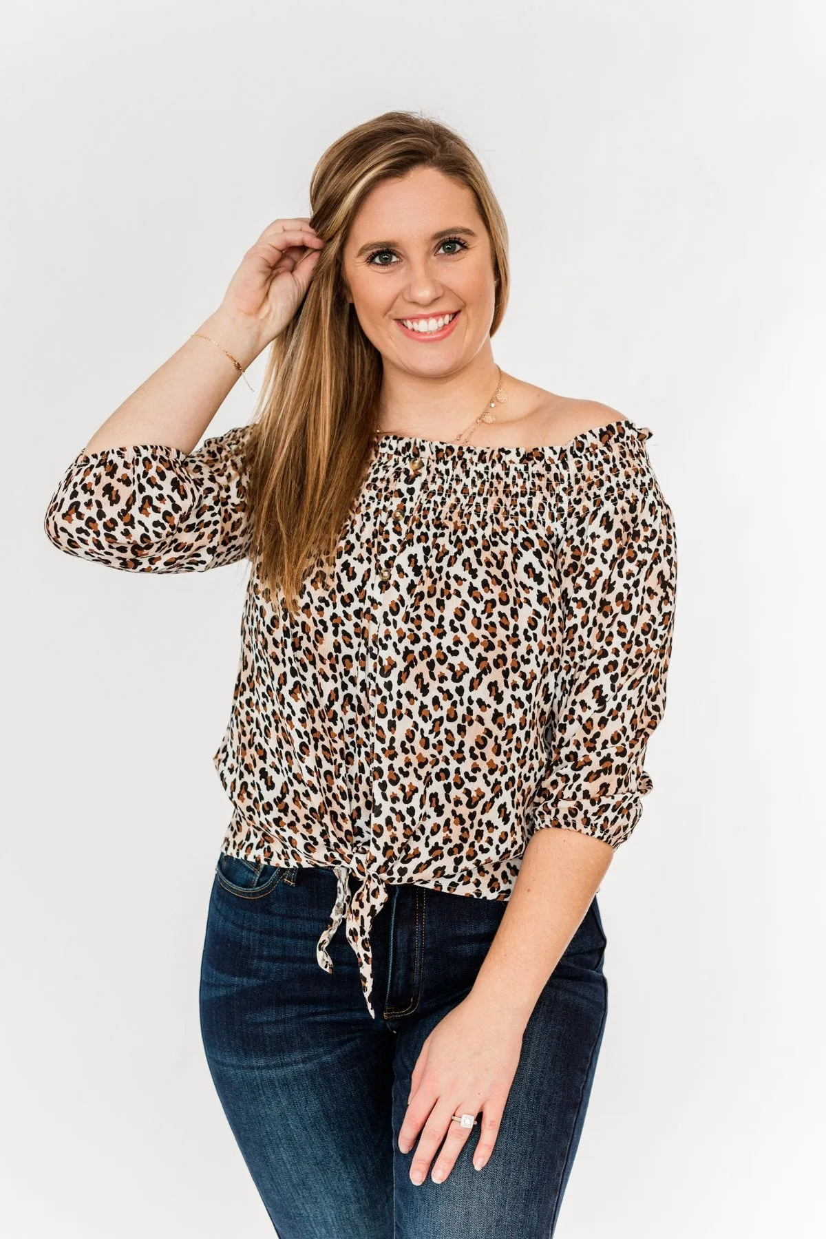 Savvy Smiles Off The Shoulder Blouse- Natural Leopard