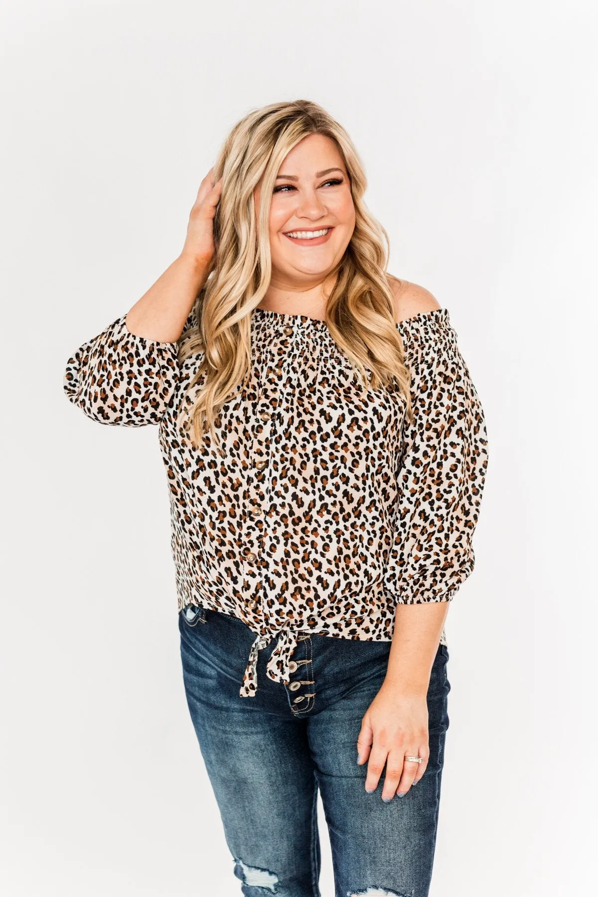 Savvy Smiles Off The Shoulder Blouse- Natural Leopard