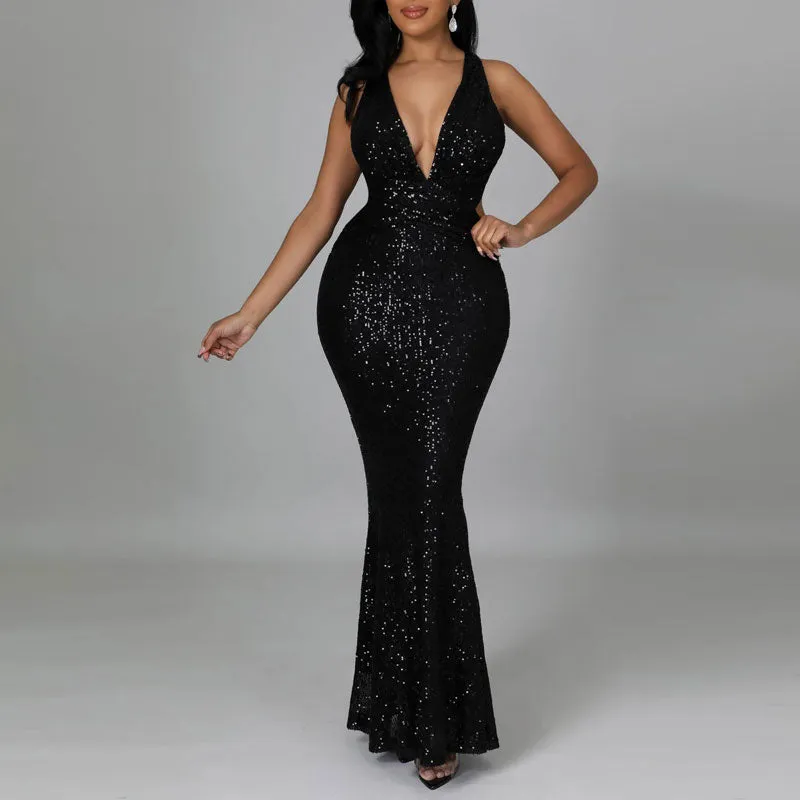Sequins Deep V-Neck Sleeveless Maxi Dress