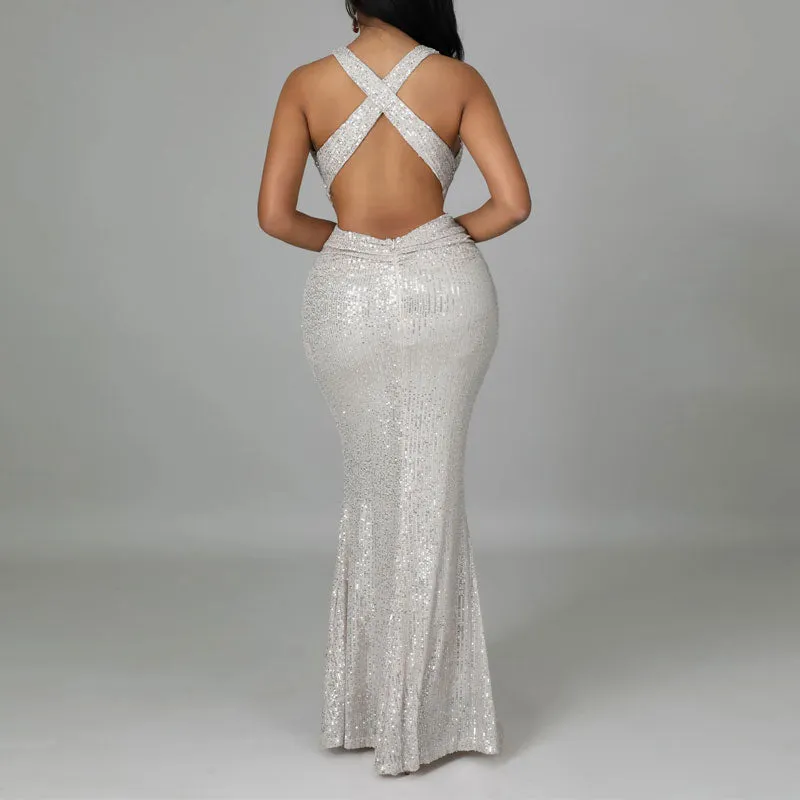 Sequins Deep V-Neck Sleeveless Maxi Dress