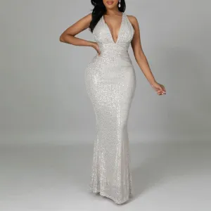 Sequins Deep V-Neck Sleeveless Maxi Dress