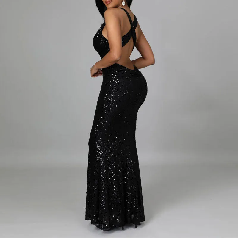 Sequins Deep V-Neck Sleeveless Maxi Dress