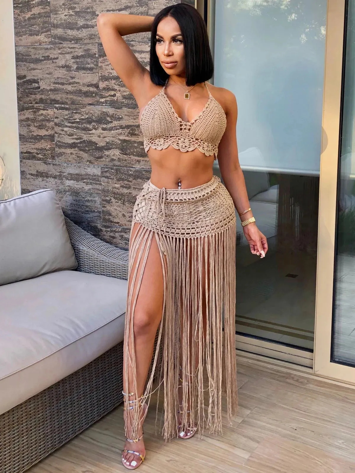 Sexy Crochet Tassel Two Piece Skirt Set