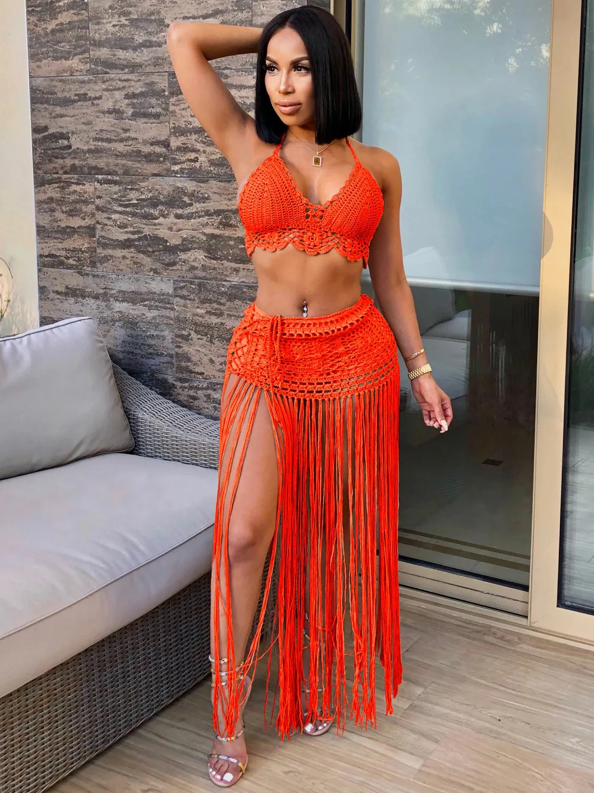 Sexy Crochet Tassel Two Piece Skirt Set