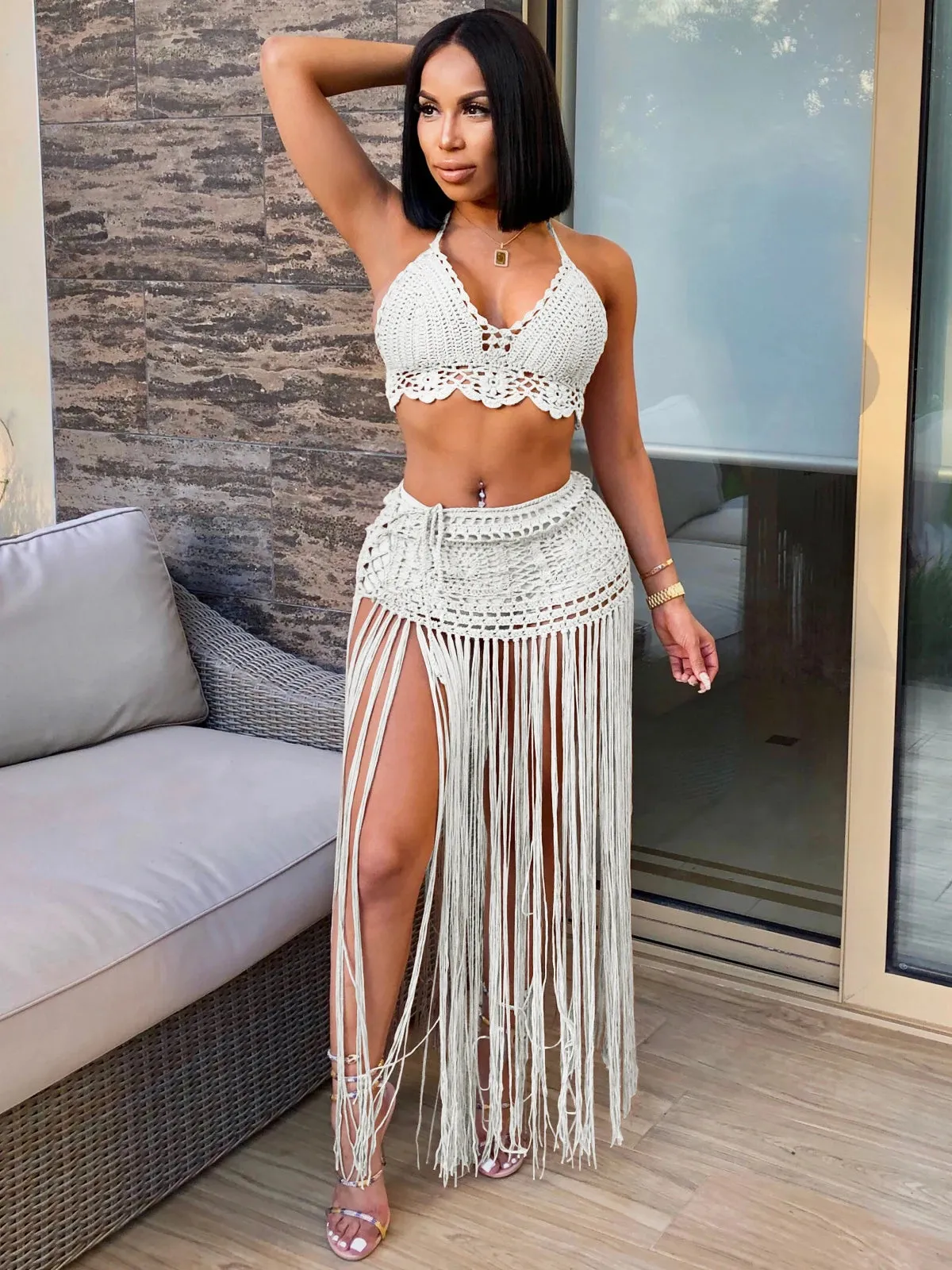 Sexy Crochet Tassel Two Piece Skirt Set
