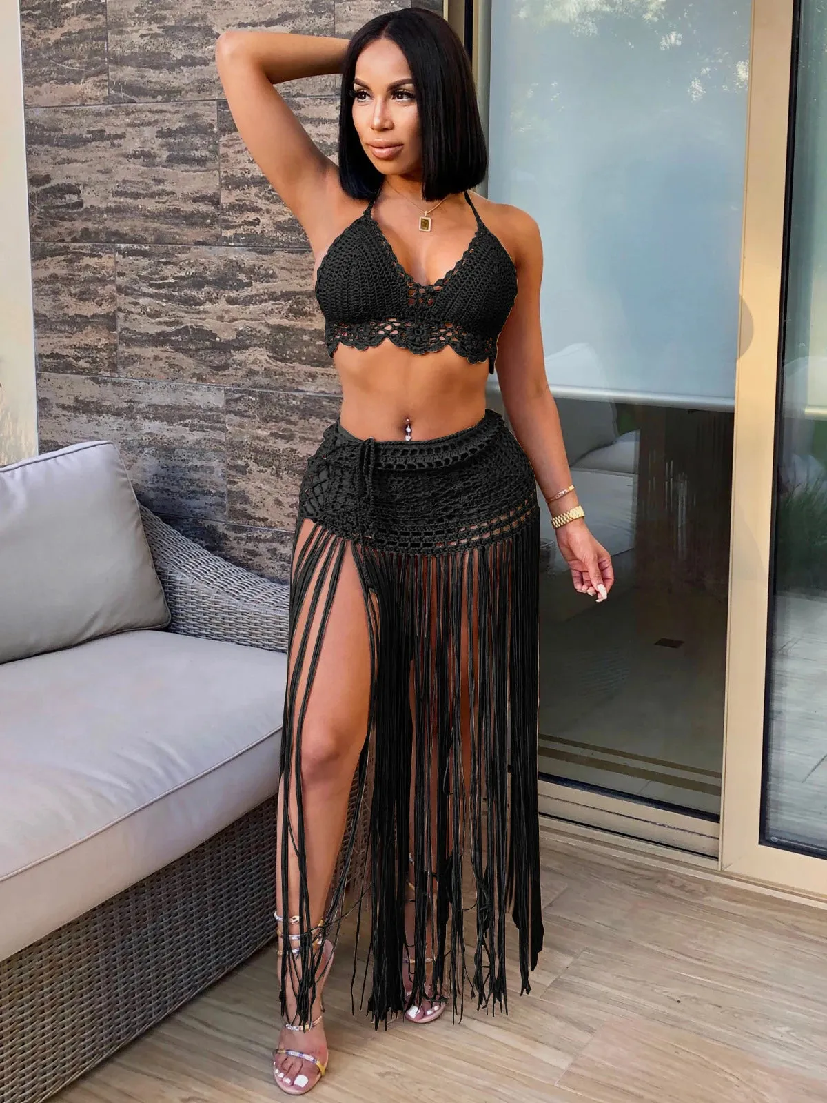 Sexy Crochet Tassel Two Piece Skirt Set