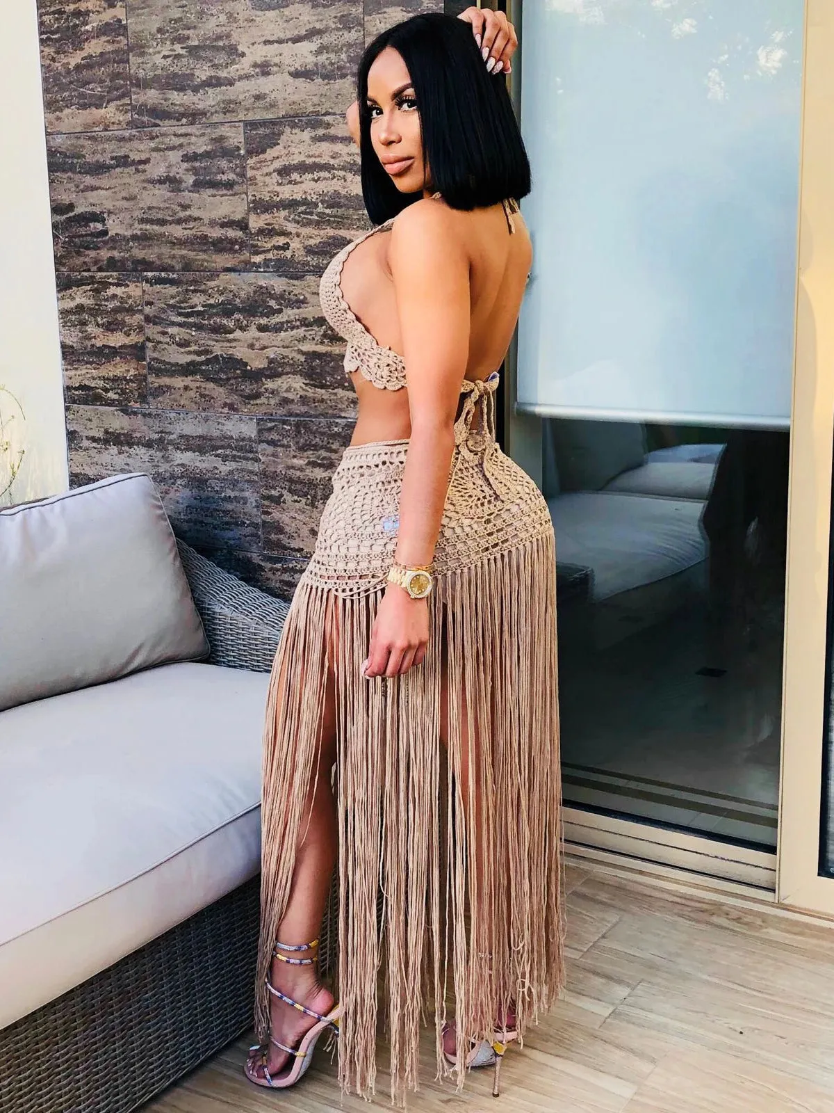 Sexy Crochet Tassel Two Piece Skirt Set