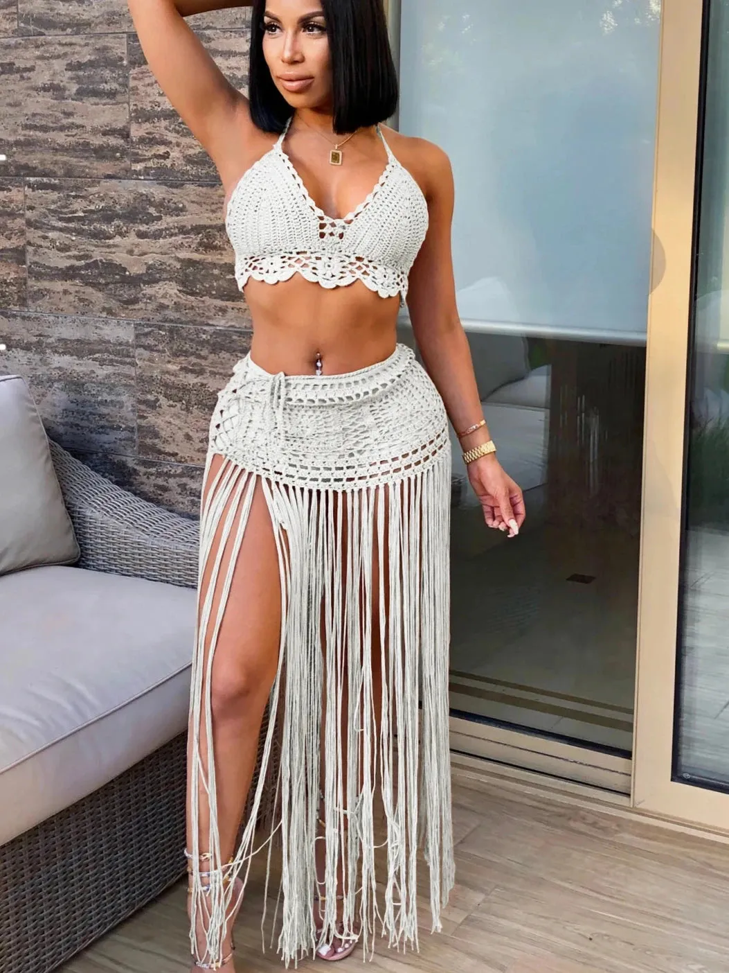 Sexy Crochet Tassel Two Piece Skirt Set