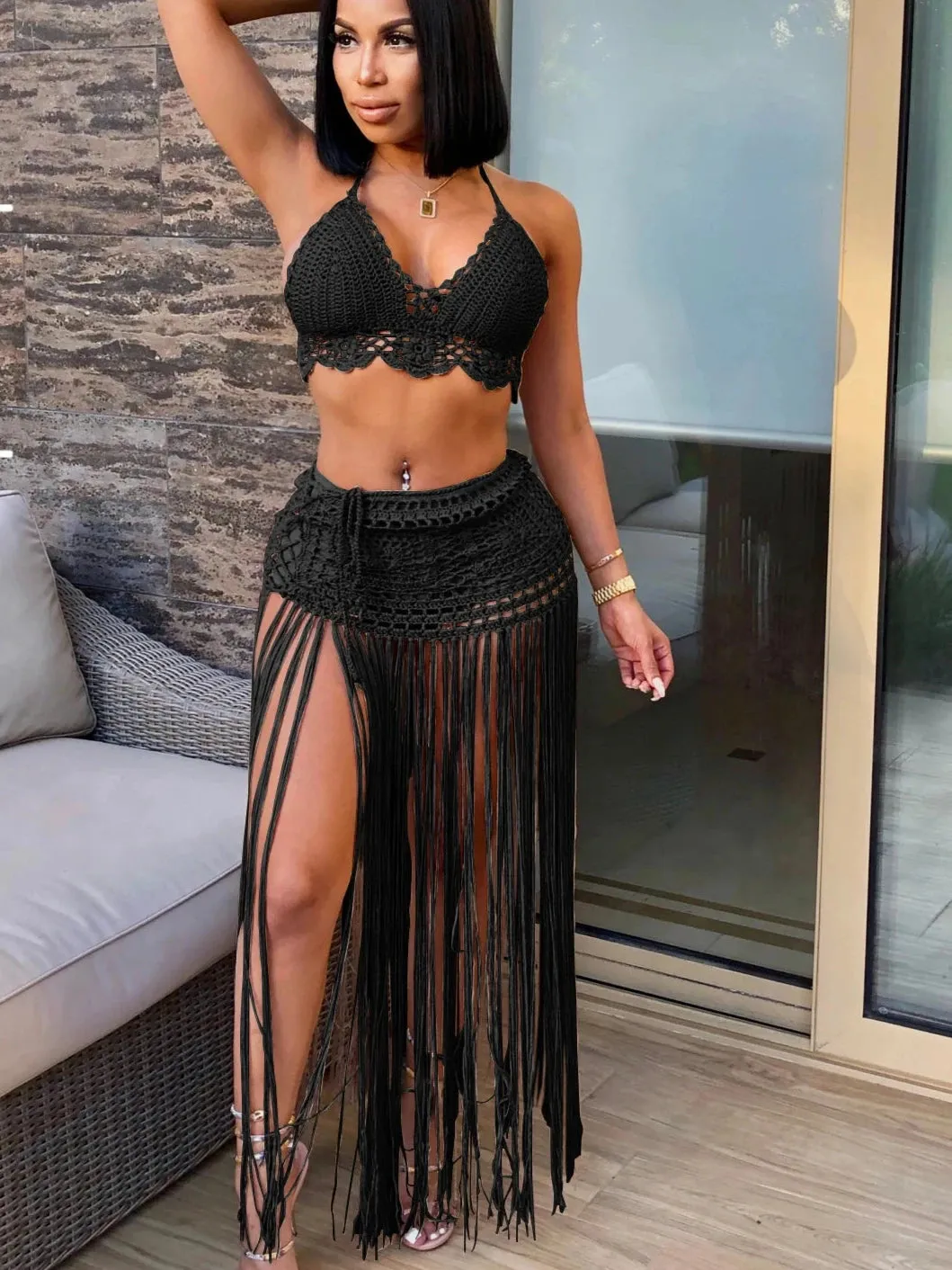 Sexy Crochet Tassel Two Piece Skirt Set