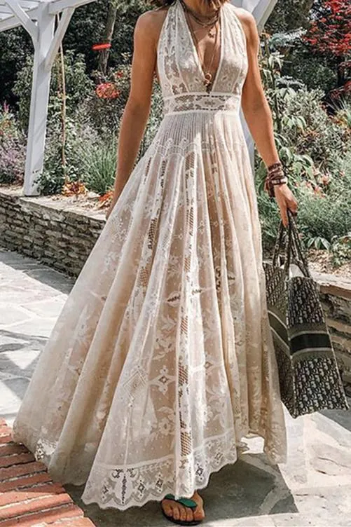 Sexy Halter Lace Mesh Maxi Dress