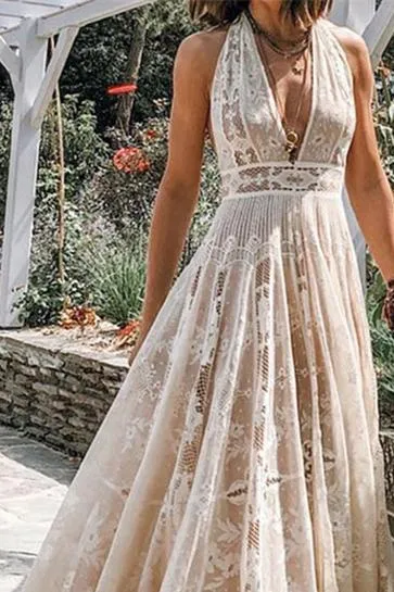 Sexy Halter Lace Mesh Maxi Dress