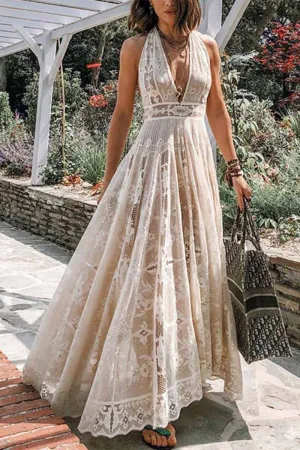 Sexy Halter Lace Mesh Maxi Dress