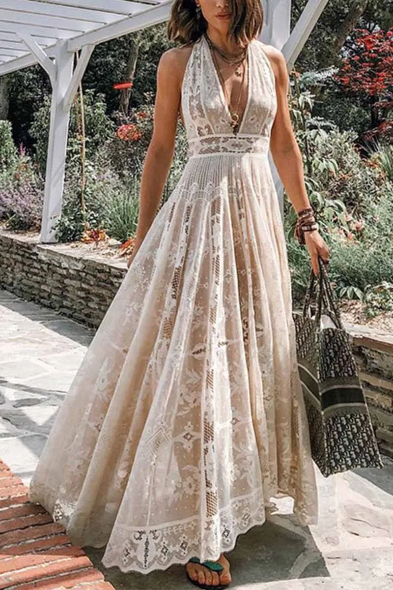 Sexy Halter Lace Mesh Maxi Dress