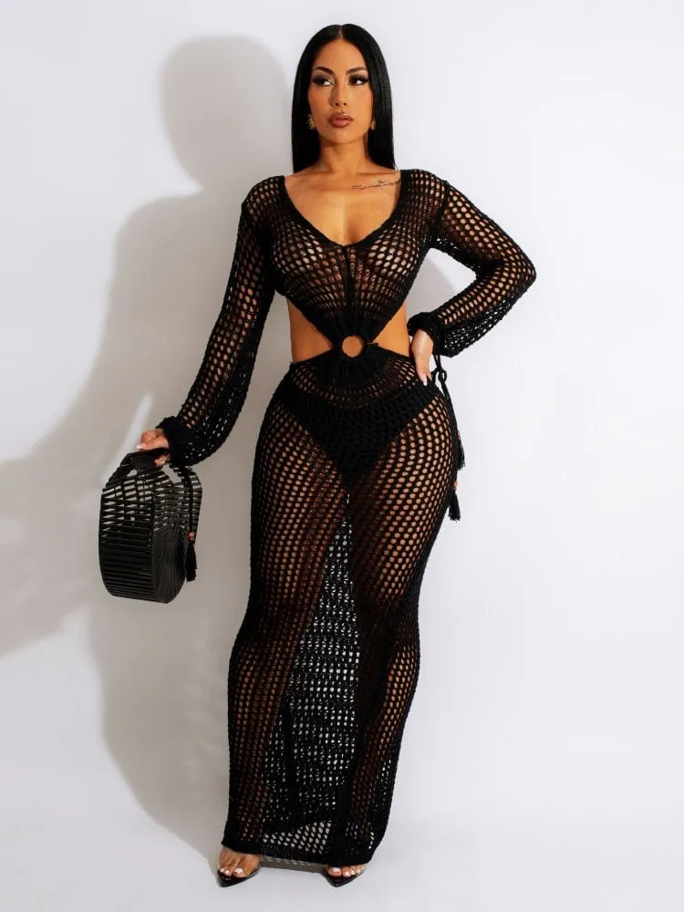 Sexy Knitted V-Neck Sleeves Crochet Dress  Hollow Out Crocheted Beach Cover Ups