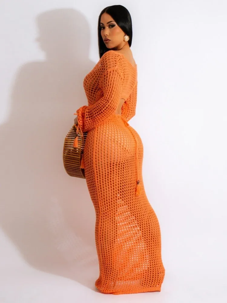 Sexy Knitted V-Neck Sleeves Crochet Dress  Hollow Out Crocheted Beach Cover Ups