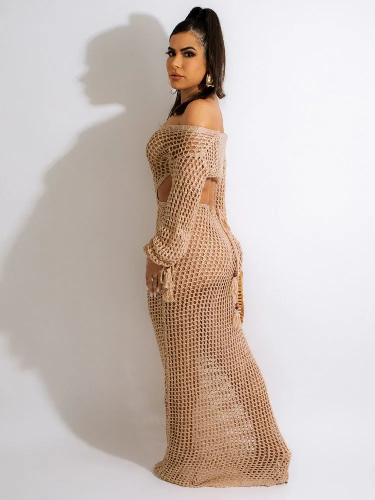 Sexy Knitted V-Neck Sleeves Crochet Dress  Hollow Out Crocheted Beach Cover Ups
