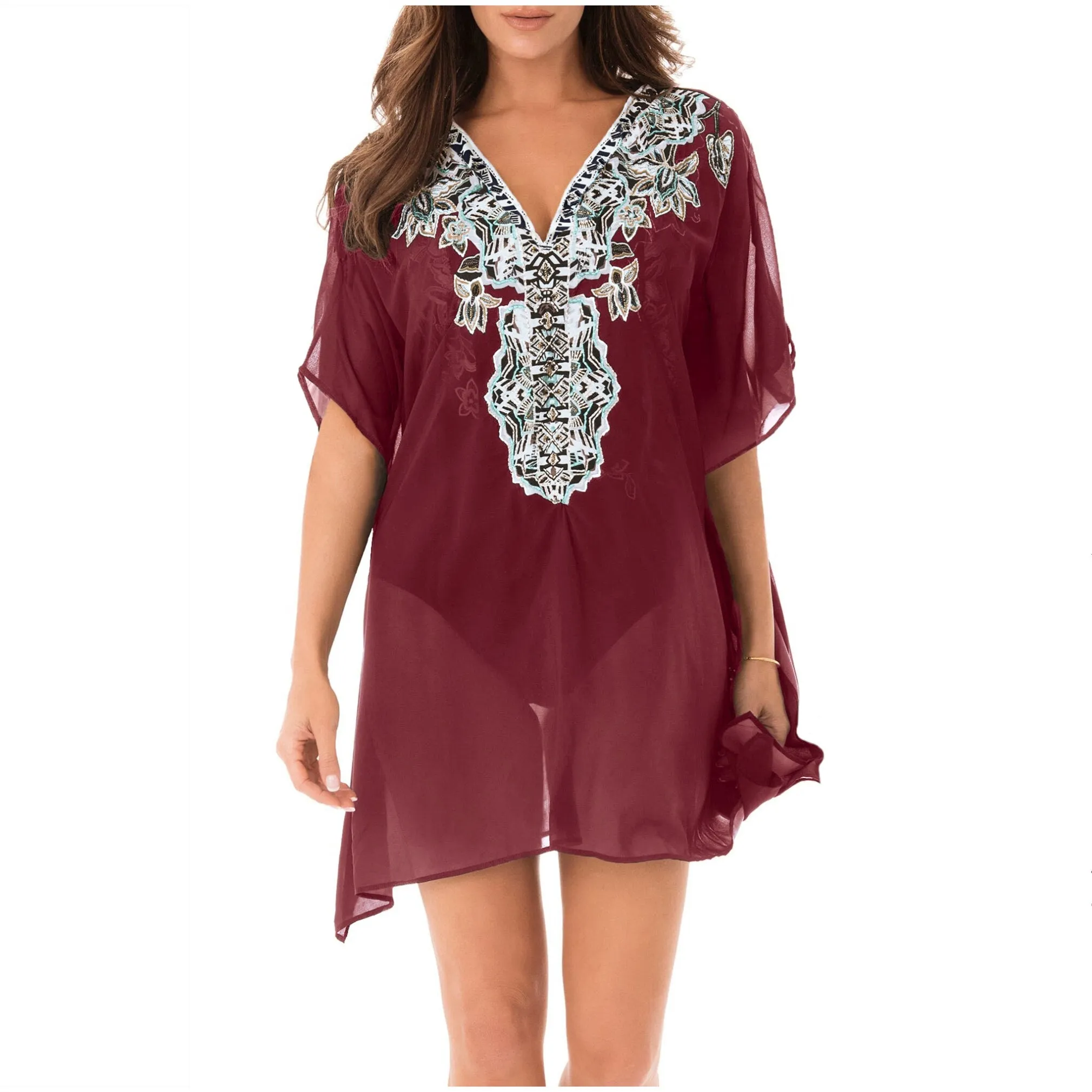 Sexy Print Bikini Cover-ups Elegant V-neck Short Sleeve Summer Beach