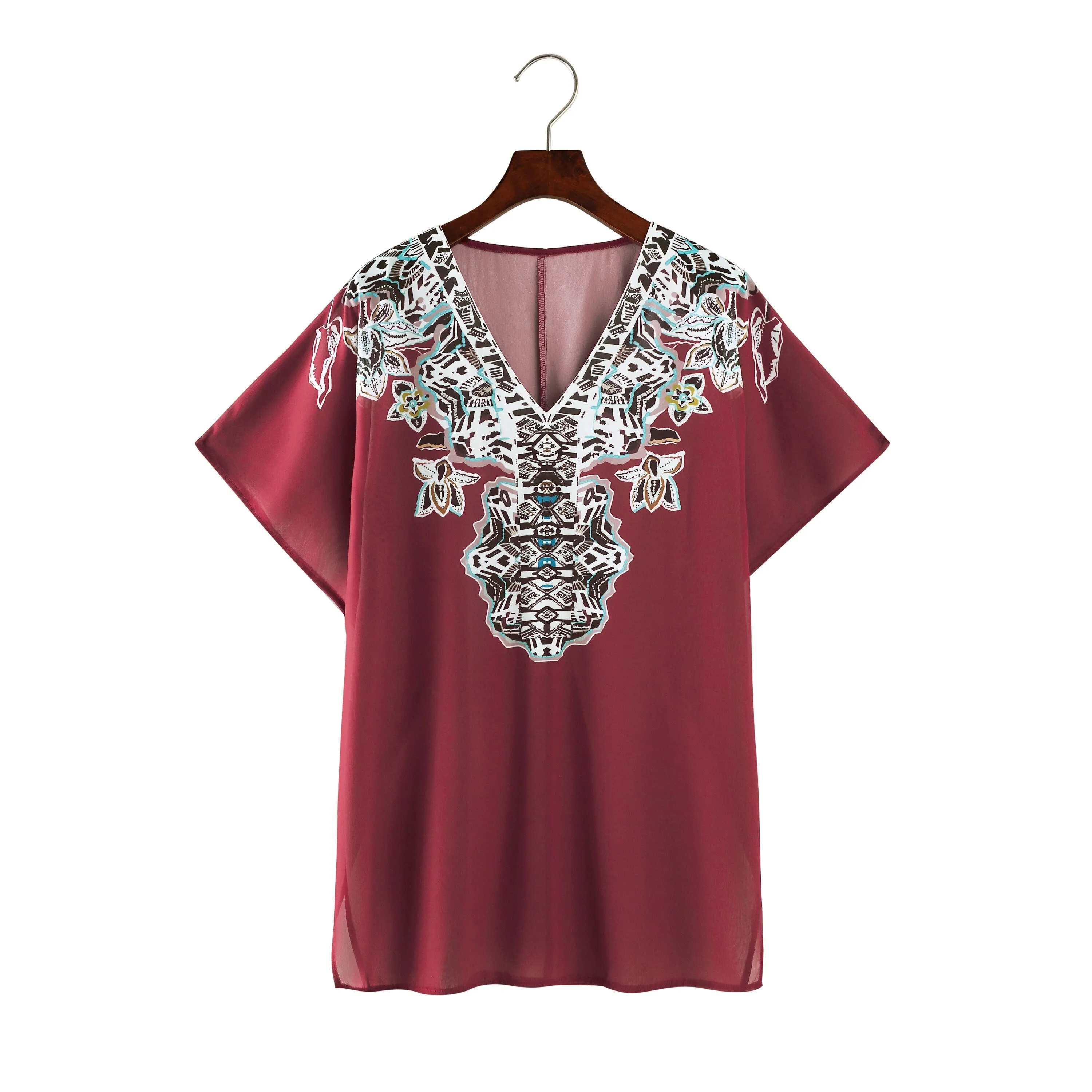 Sexy Print Bikini Cover-ups Elegant V-neck Short Sleeve Summer Beach