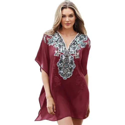 Sexy Print Bikini Cover-ups Elegant V-neck Short Sleeve Summer Beach