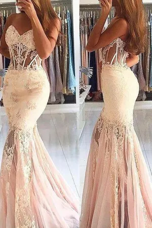Sexy Sheer Mermaid Sleeveless Sweetheart Tulle Lace Long Prom Dresses