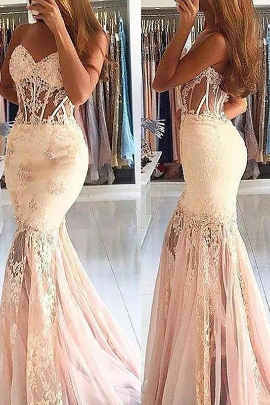 Sexy Sheer Mermaid Sleeveless Sweetheart Tulle Lace Long Prom Dresses