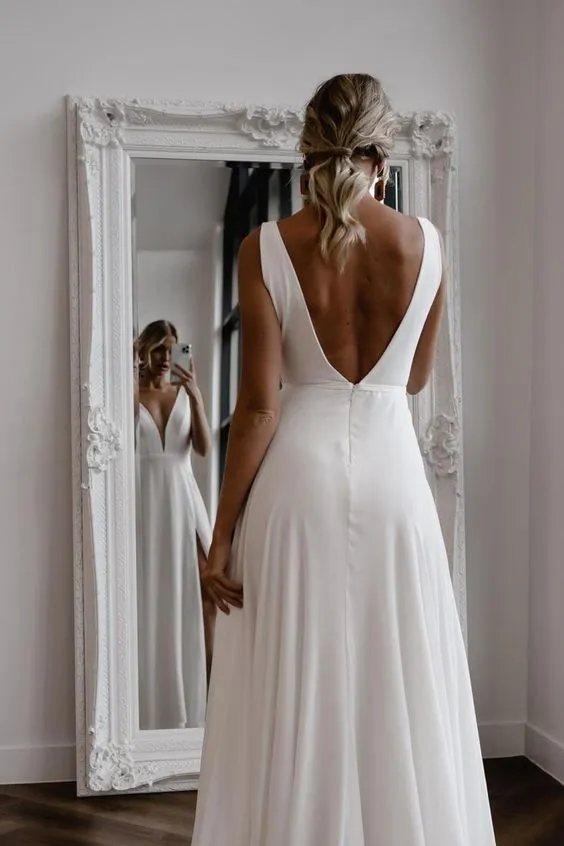 Sexy Slit Plunge Neckline Summer Wedding Dress