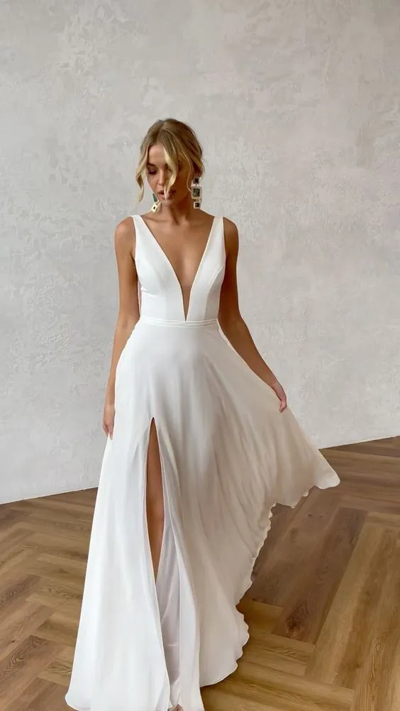 Sexy Slit Plunge Neckline Summer Wedding Dress