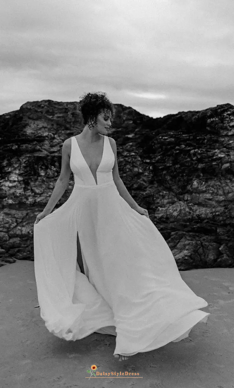 Sexy Slit Plunge Neckline Summer Wedding Dress
