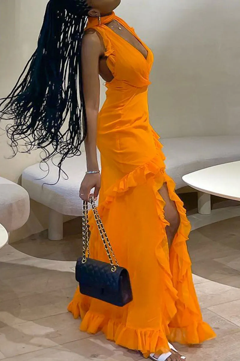 Sexy Solid Patchwork Backless Stringy Selvedge Halter Long Dress Dresses