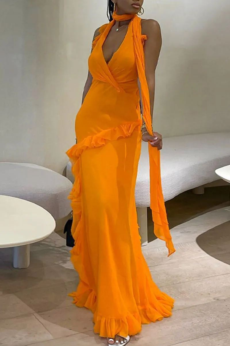 Sexy Solid Patchwork Backless Stringy Selvedge Halter Long Dress Dresses