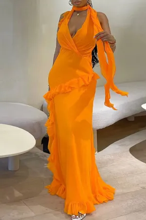 Sexy Solid Patchwork Backless Stringy Selvedge Halter Long Dress Dresses