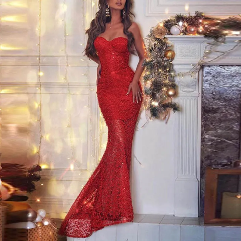 Sexy Tube Top Slim Dress Lace Long Skirt