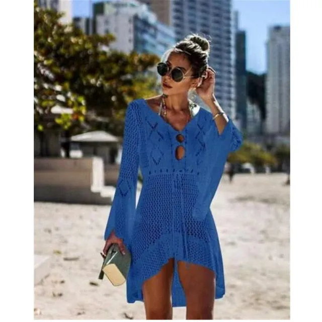 Sexy Women Summer Bikini Cover-Ups Beach Dress Sarong Kaftan Lace Crochet Casual Ladies Female Beach Wear Bathing Suit