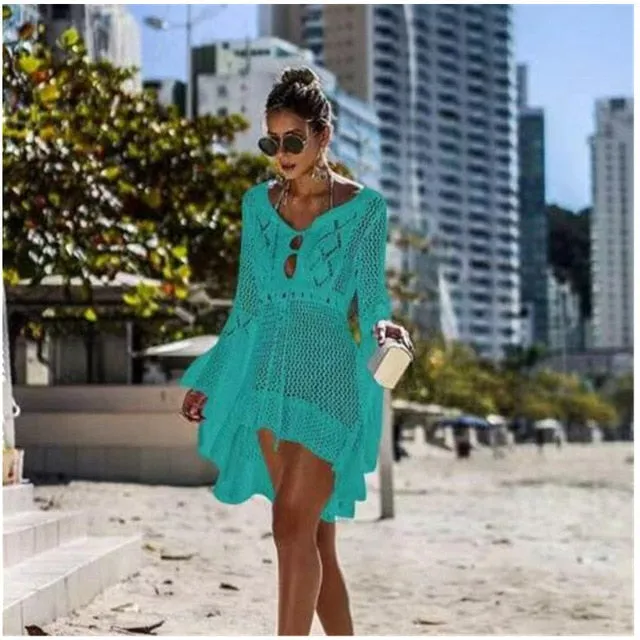 Sexy Women Summer Bikini Cover-Ups Beach Dress Sarong Kaftan Lace Crochet Casual Ladies Female Beach Wear Bathing Suit