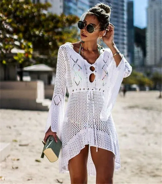 Sexy Women Summer Bikini Cover-Ups Beach Dress Sarong Kaftan Lace Crochet Casual Ladies Female Beach Wear Bathing Suit