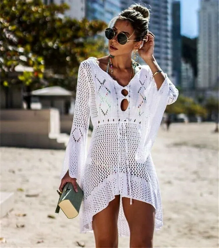 Sexy Women Summer Bikini Cover-Ups Beach Dress Sarong Kaftan Lace Crochet Casual Ladies Female Beach Wear Bathing Suit