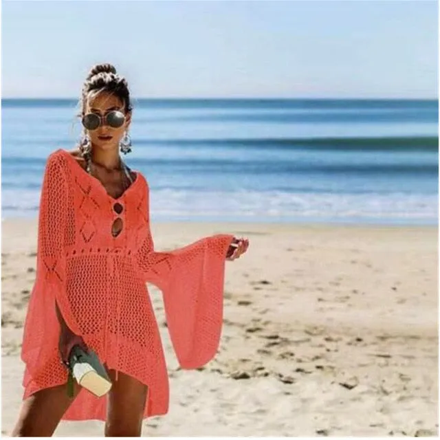 Sexy Women Summer Bikini Cover-Ups Beach Dress Sarong Kaftan Lace Crochet Casual Ladies Female Beach Wear Bathing Suit