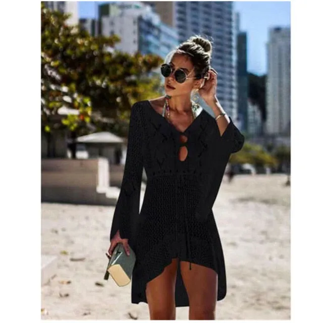 Sexy Women Summer Bikini Cover-Ups Beach Dress Sarong Kaftan Lace Crochet Casual Ladies Female Beach Wear Bathing Suit