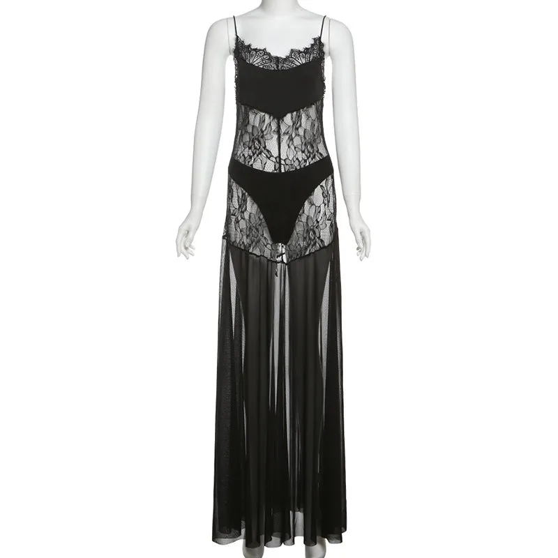 Sheer Lace Spaghetti Strap Maxi Dress