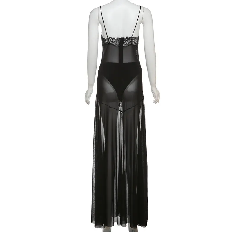 Sheer Lace Spaghetti Strap Maxi Dress