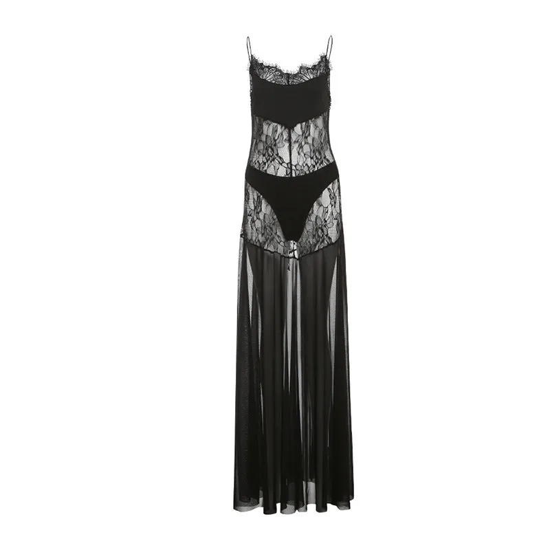 Sheer Lace Spaghetti Strap Maxi Dress