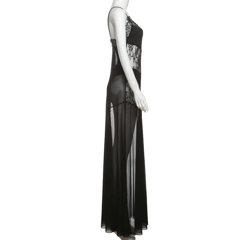 Sheer Lace Spaghetti Strap Maxi Dress