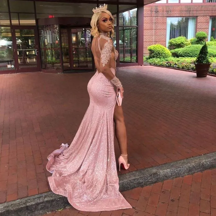 Shiny Pink Prom Dresse Sequin Halter Mermaid Formal Evening Dress