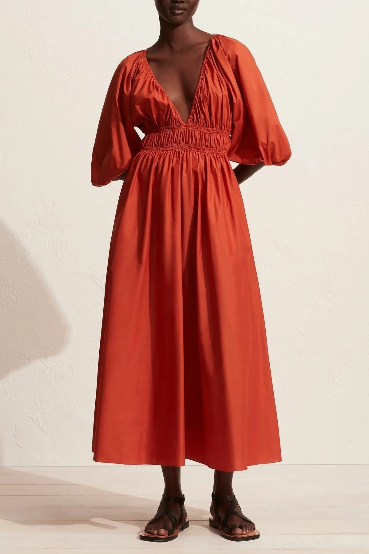 Shirred Plunge Dress in Terracotta