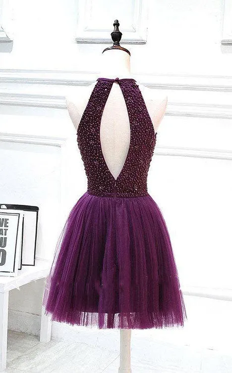 Short Halter Beaded Dress With Pleats-312329