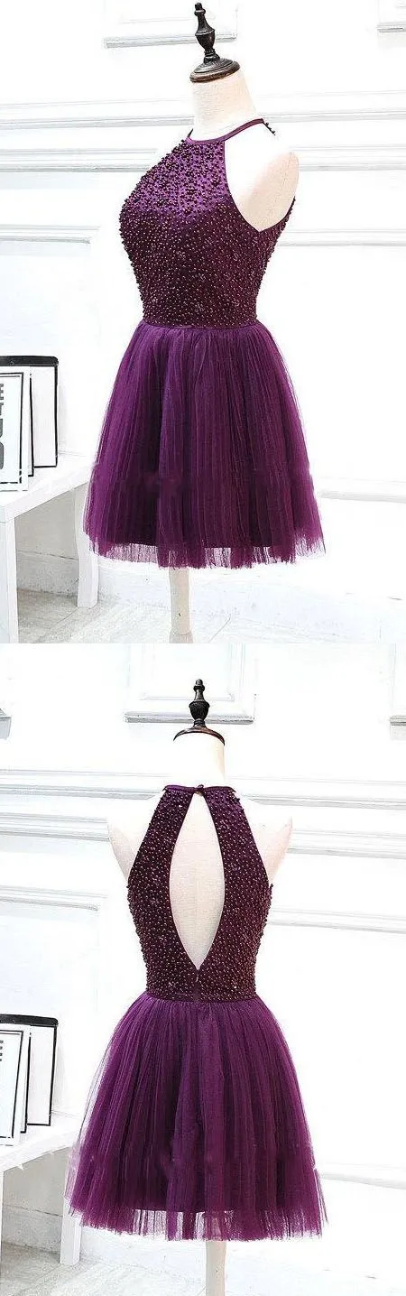 Short Halter Beaded Dress With Pleats-312329