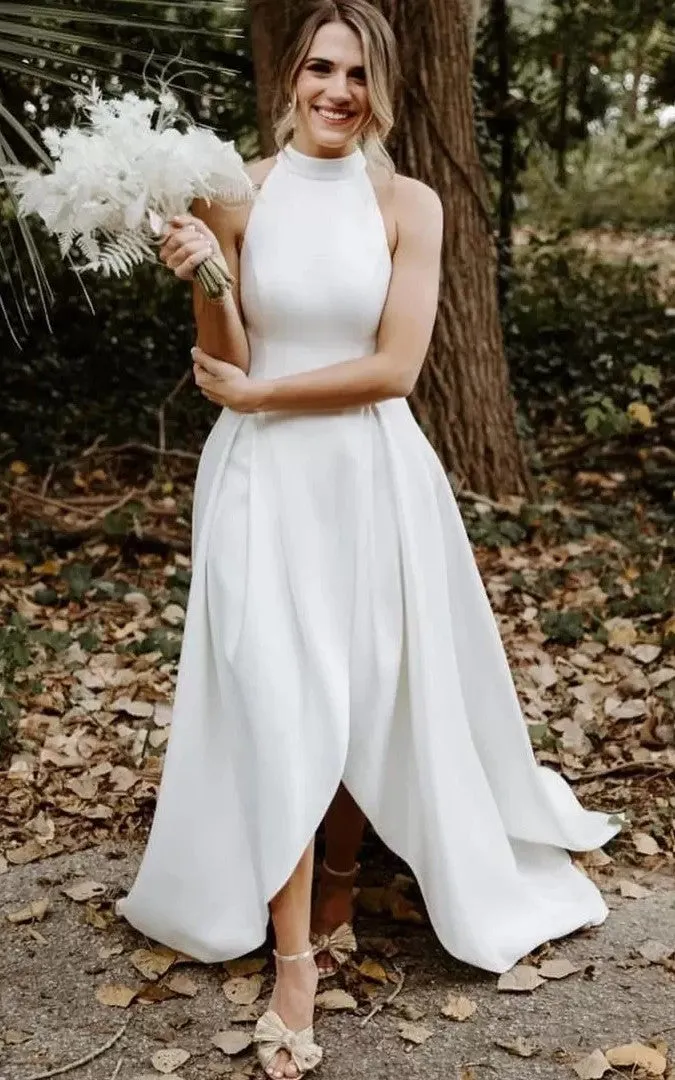Simple A Line High-Low Satin Halter High Neck Sleeveless Wedding Dress-716016